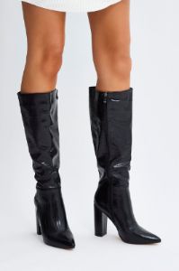 Black Heeled Knee High Boots in Croc sold by Ally Fashion