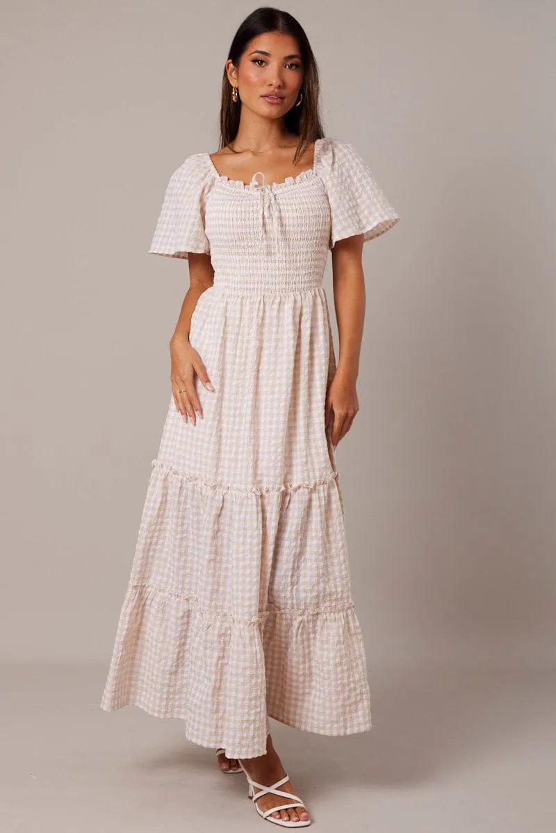 Beige Check Maxi Dress Short Sleeve Shirred sold by Ally Fashion product image thumbnail 2