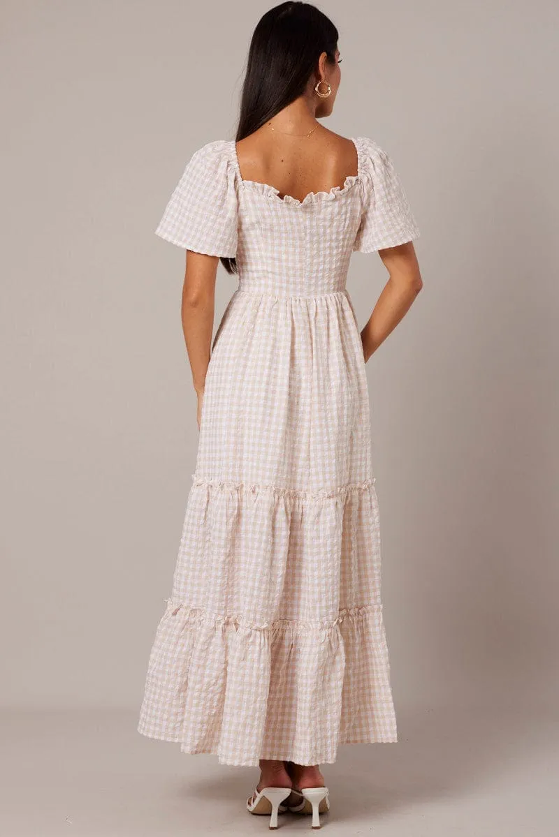Beige Check Maxi Dress Short Sleeve Shirred sold by Ally Fashion product image thumbnail 5