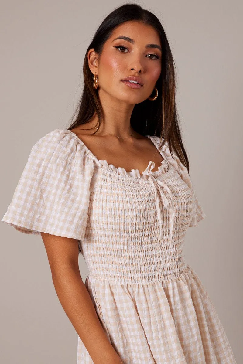 Beige Check Maxi Dress Short Sleeve Shirred sold by Ally Fashion product image thumbnail 3