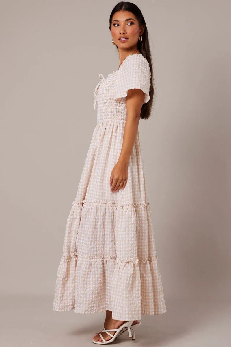 Beige Check Maxi Dress Short Sleeve Shirred sold by Ally Fashion product image thumbnail 4