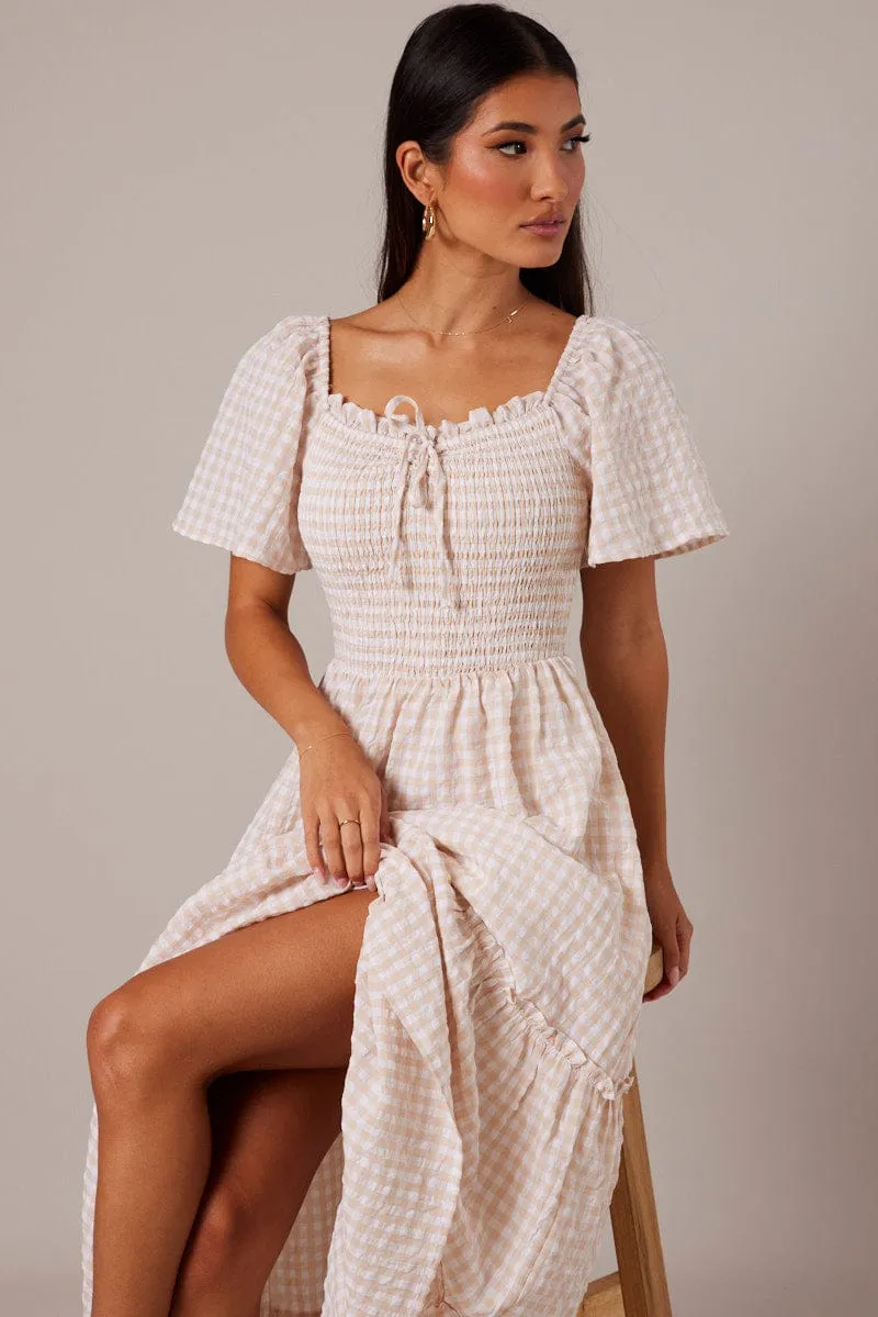 Beige Check Maxi Dress Short Sleeve Shirred sold by Ally Fashion