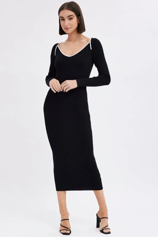 Black Midi Dress Long Sleeve Sweetheart Contrast Bind sold by Ally Fashion