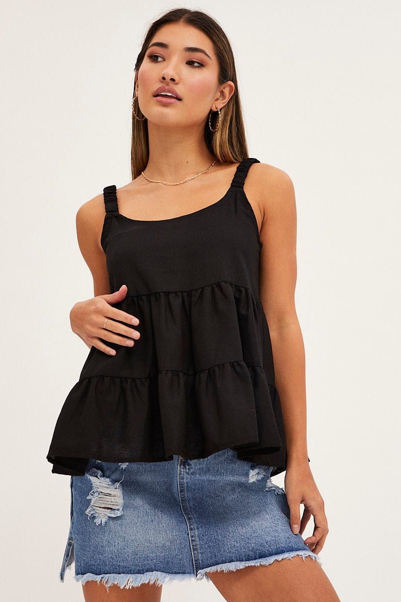 Black Tiered Top Sleeveless Scoop Neck Linen Blend sold by Ally Fashion
