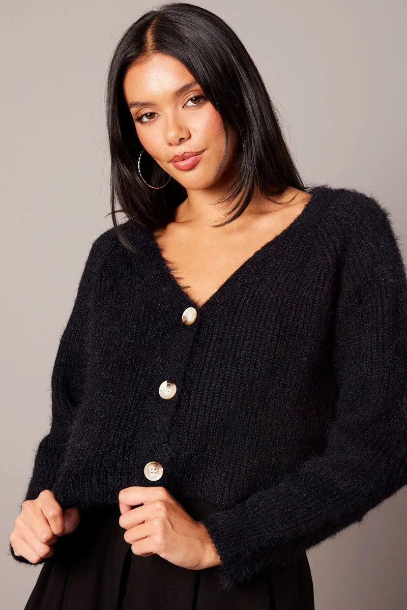 Black Fluffy Knit Cardigan V Neck sold by Ally Fashion product image thumbnail 3
