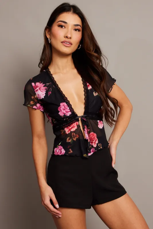 Black Ditsy Tie Up Top Short Sleeve Mesh sold by Ally Fashion