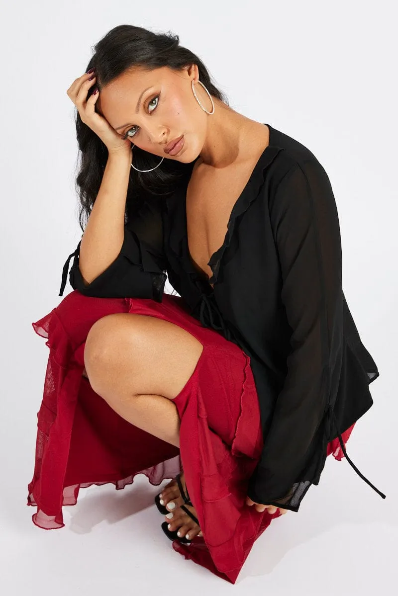 Red Floral Maxi Skirt Mesh Frilled Mesh sold by Ally Fashion product image thumbnail 3