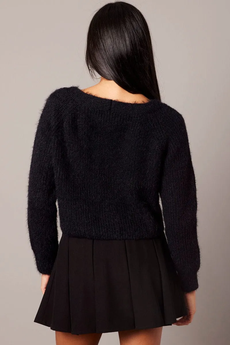Black Fluffy Knit Cardigan V Neck sold by Ally Fashion product image thumbnail 5