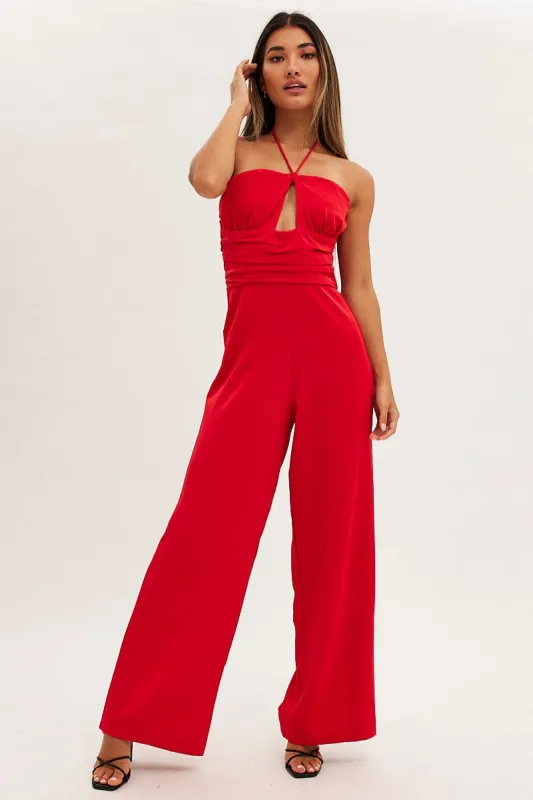 Red Keyhole Jumpsuit Slinky Wide Leg sold by Ally Fashion