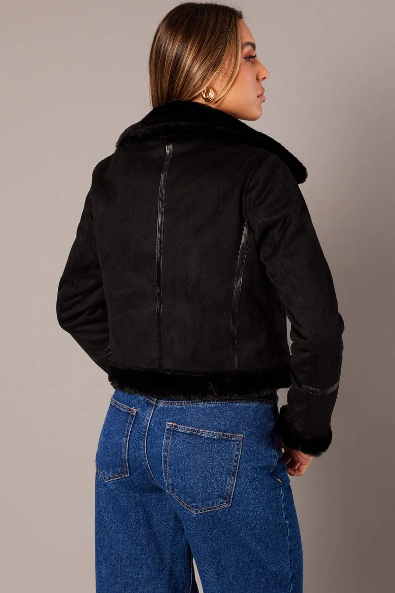 Black Aviator Jacket Long Sleeve Faux Leather sold by Ally Fashion product image thumbnail 5