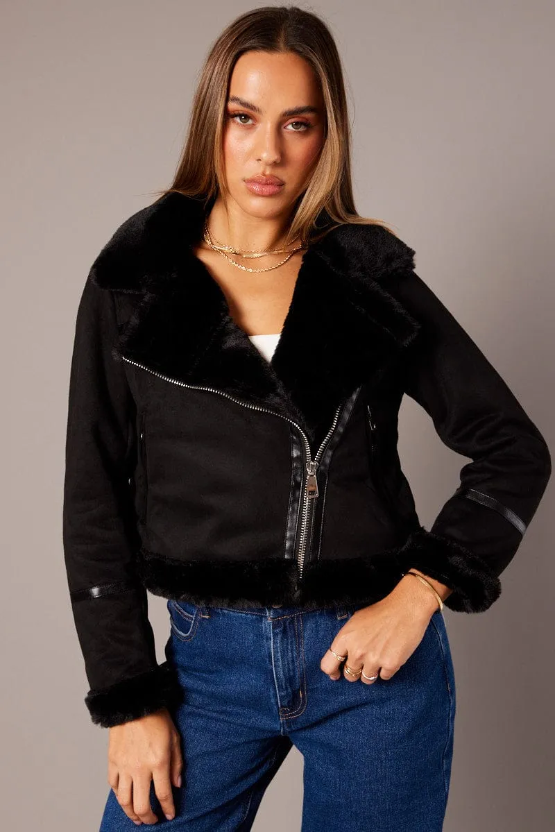 Black Aviator Jacket Long Sleeve Faux Leather sold by Ally Fashion product image thumbnail 3