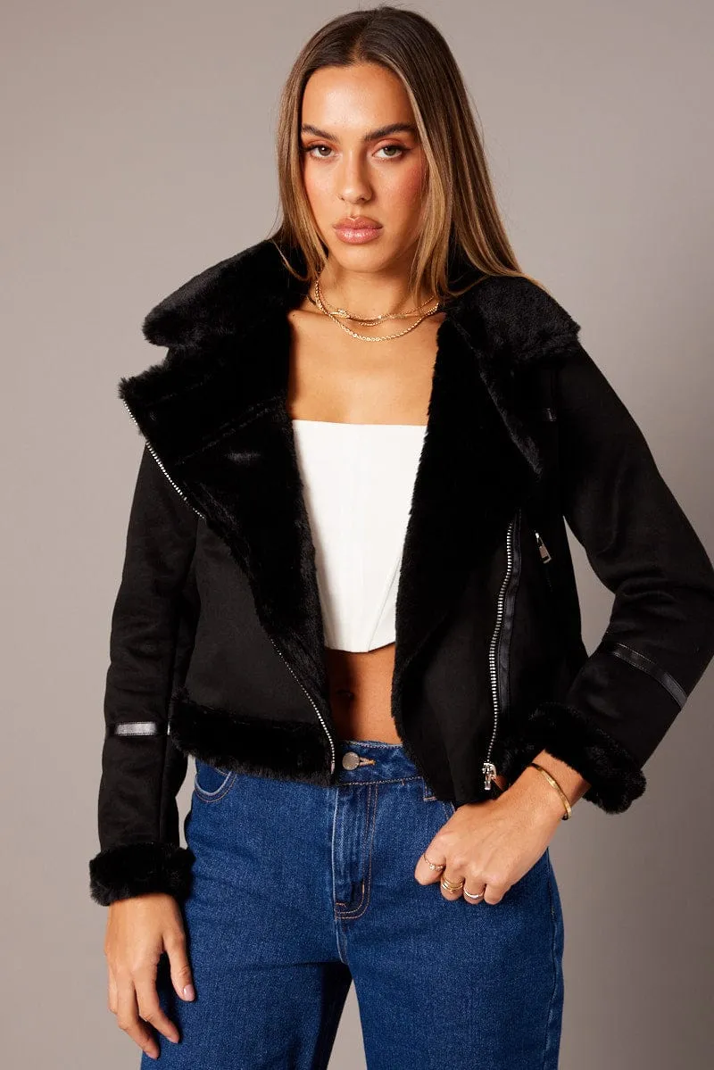Black Aviator Jacket Long Sleeve Faux Leather sold by Ally Fashion