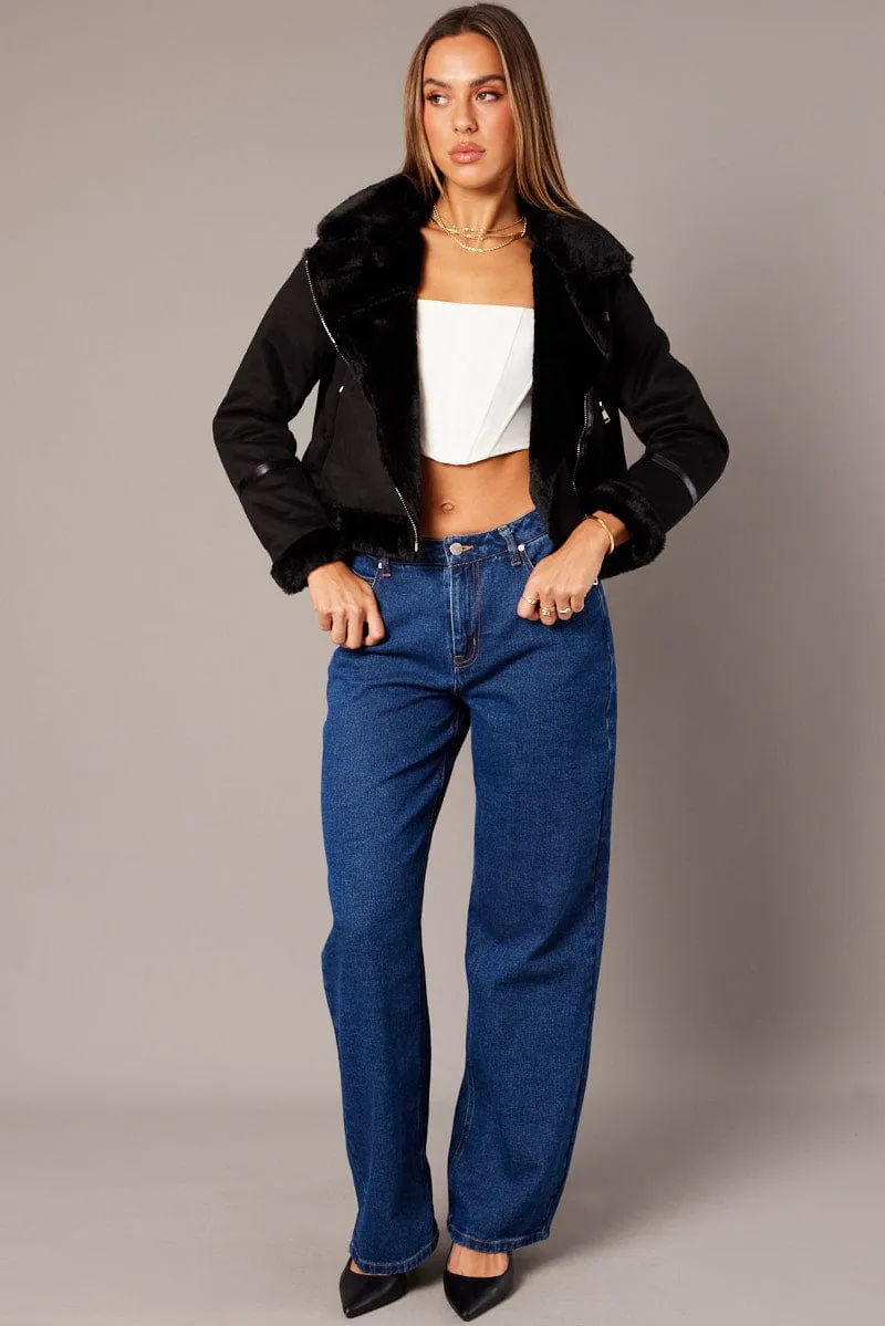 Black Aviator Jacket Long Sleeve Faux Leather sold by Ally Fashion product image thumbnail 2