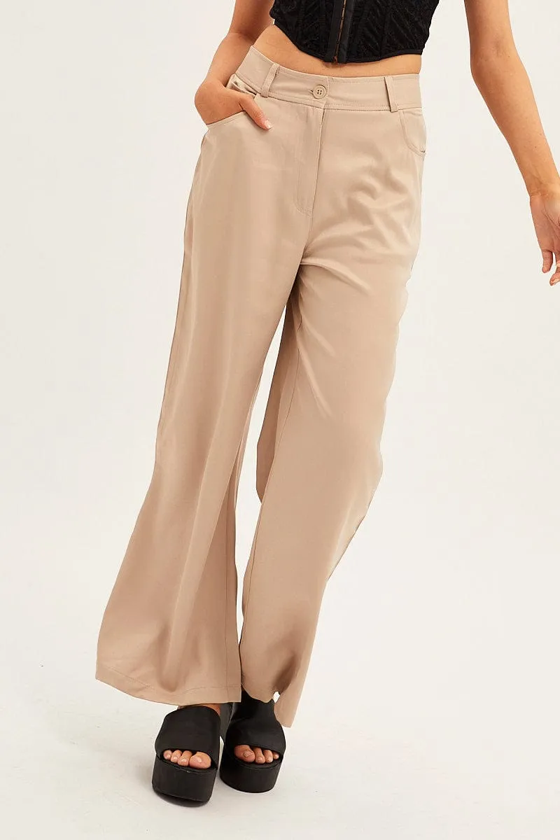 Beige Wide Leg Pants High Rise sold by Ally Fashion product image thumbnail 2