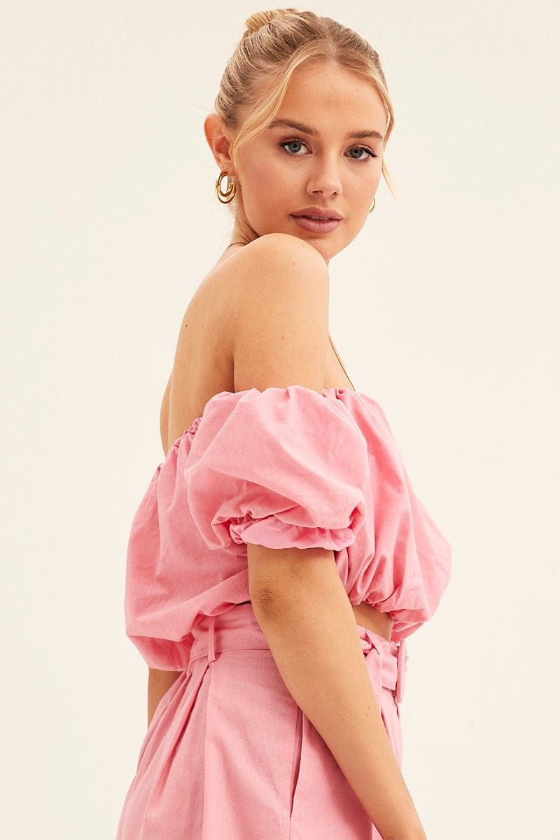 Pink Crop Top Off Shoulder Puff Sleeve sold by Ally Fashion product image thumbnail 4