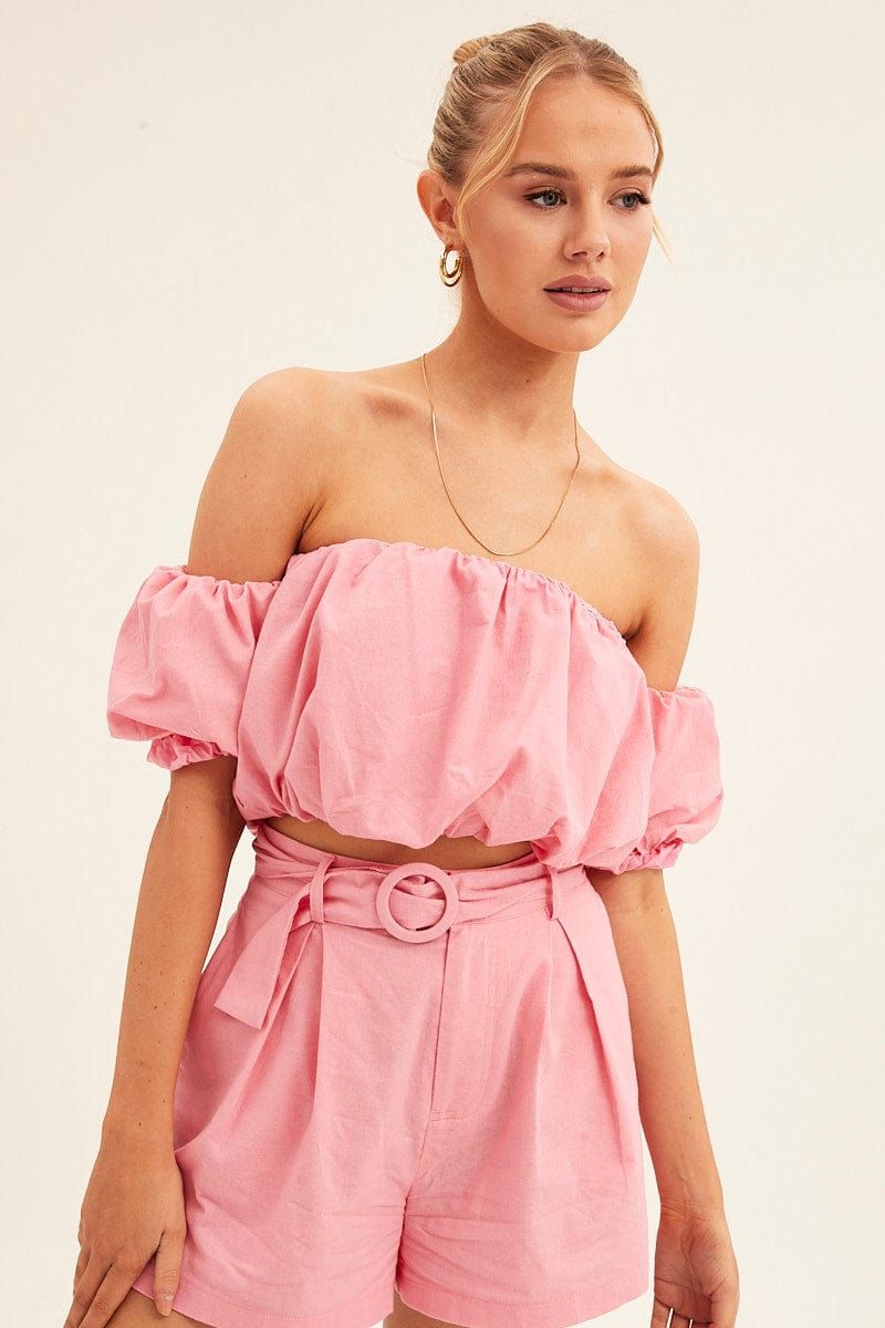 Pink Crop Top Off Shoulder Puff Sleeve sold by Ally Fashion