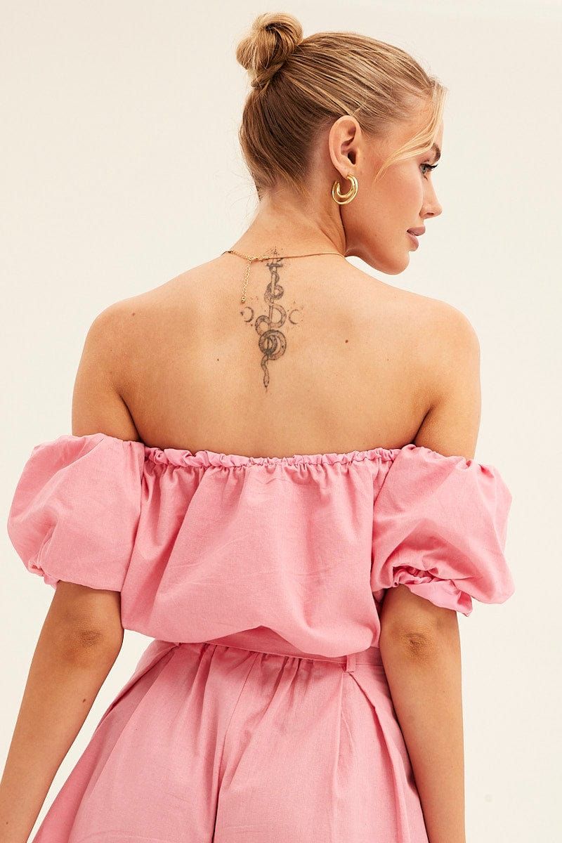 Pink Crop Top Off Shoulder Puff Sleeve sold by Ally Fashion product image thumbnail 5