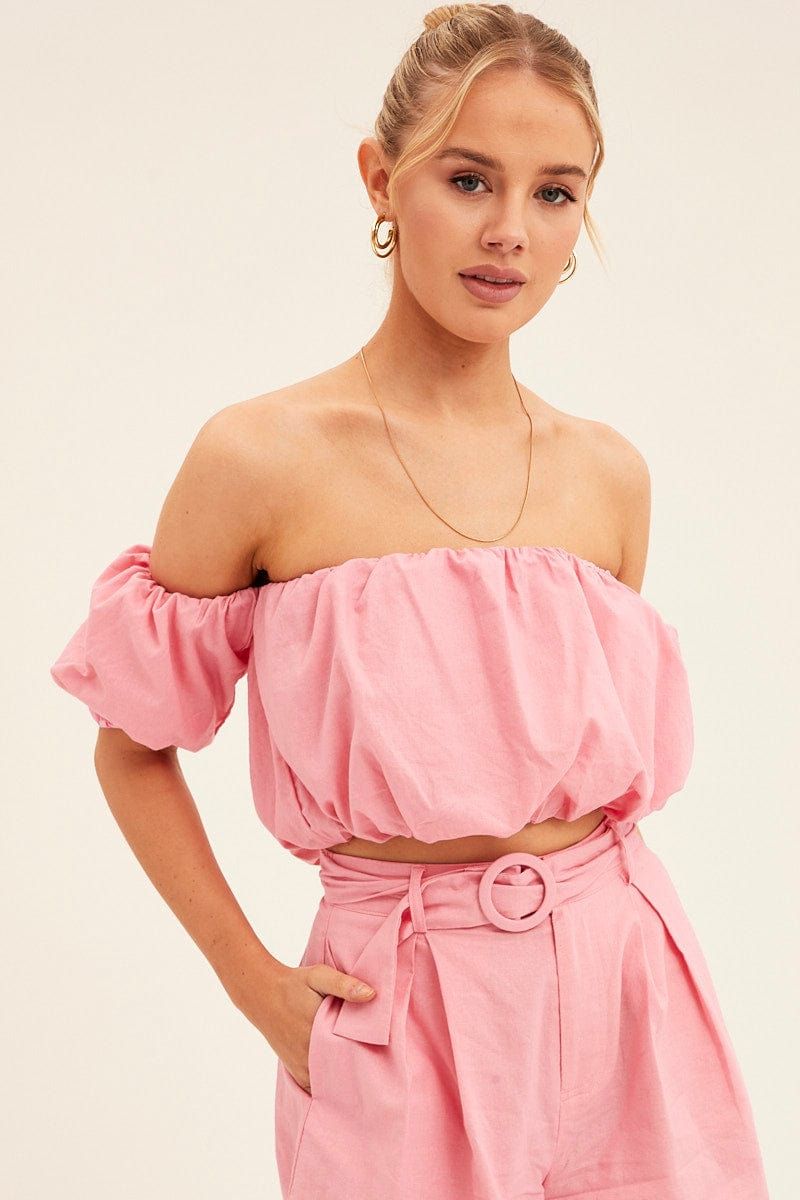 Pink Crop Top Off Shoulder Puff Sleeve sold by Ally Fashion product image thumbnail 3