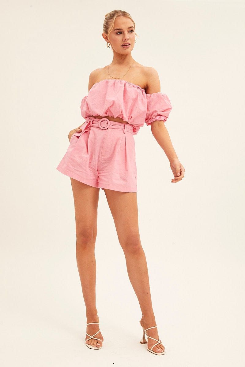 Pink Crop Top Off Shoulder Puff Sleeve sold by Ally Fashion product image thumbnail 2