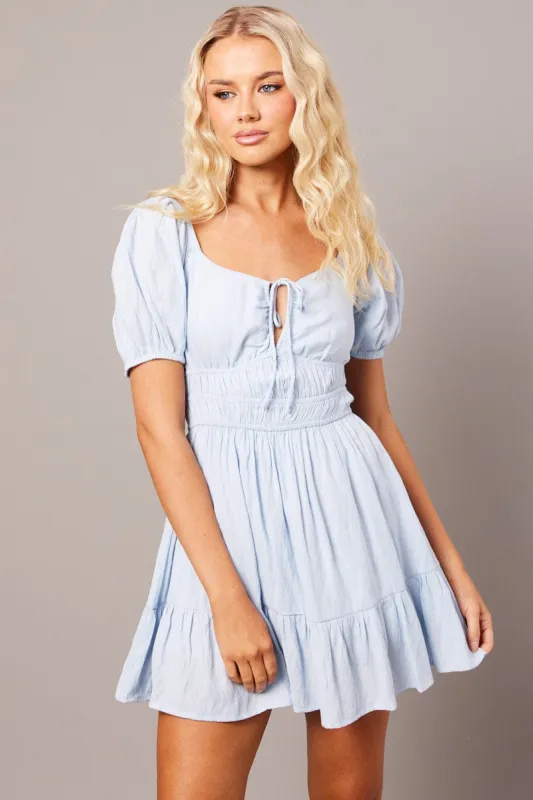 Blue Fit And Flare Dress Puff Sleeve Mini sold by Ally Fashion