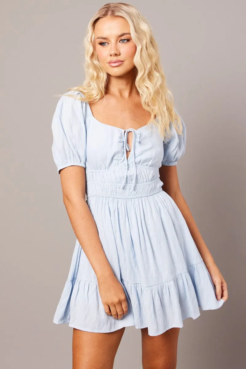 Blue Fit And Flare Dress Puff Sleeve Mini sold by Ally Fashion