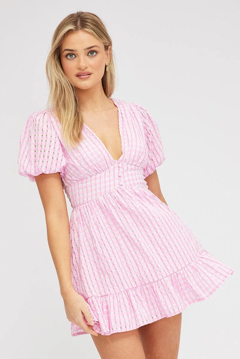 Pink Fit And Flare Dress Puff Sleeve Mini sold by Ally Fashion