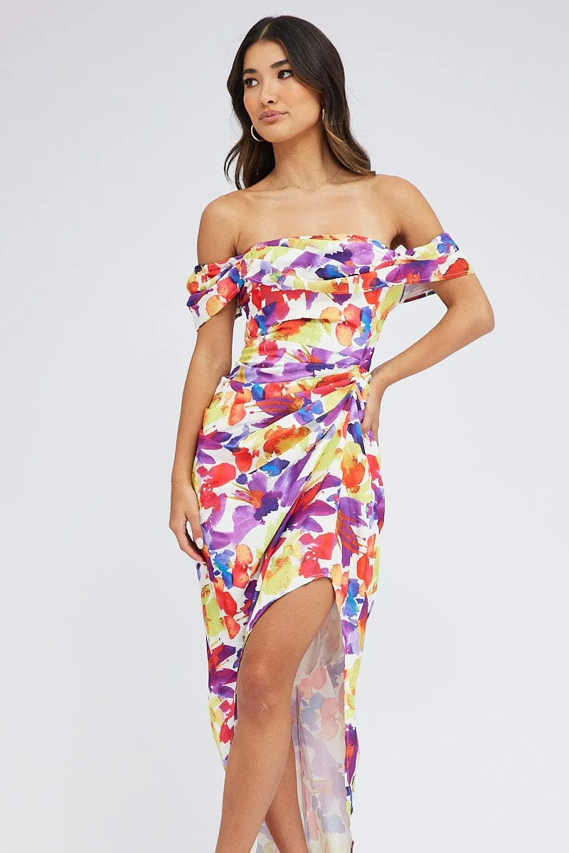 Multi Floral Bardot Dress Draped Midi Watercolour Print sold by Ally Fashion product image thumbnail 3