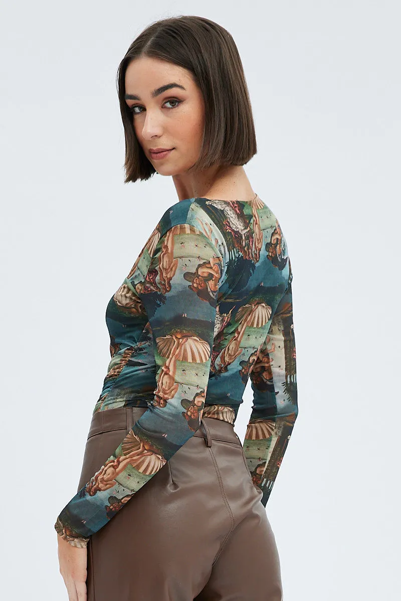 Multi Print Bodysuit Long Sleeve Square Neck Ruched Waist Mesh sold by Ally Fashion product image thumbnail 5