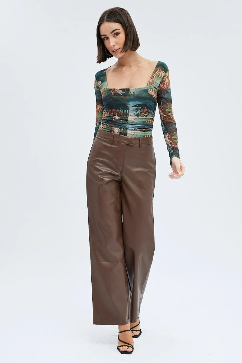 Multi Print Bodysuit Long Sleeve Square Neck Ruched Waist Mesh sold by Ally Fashion product image thumbnail 2
