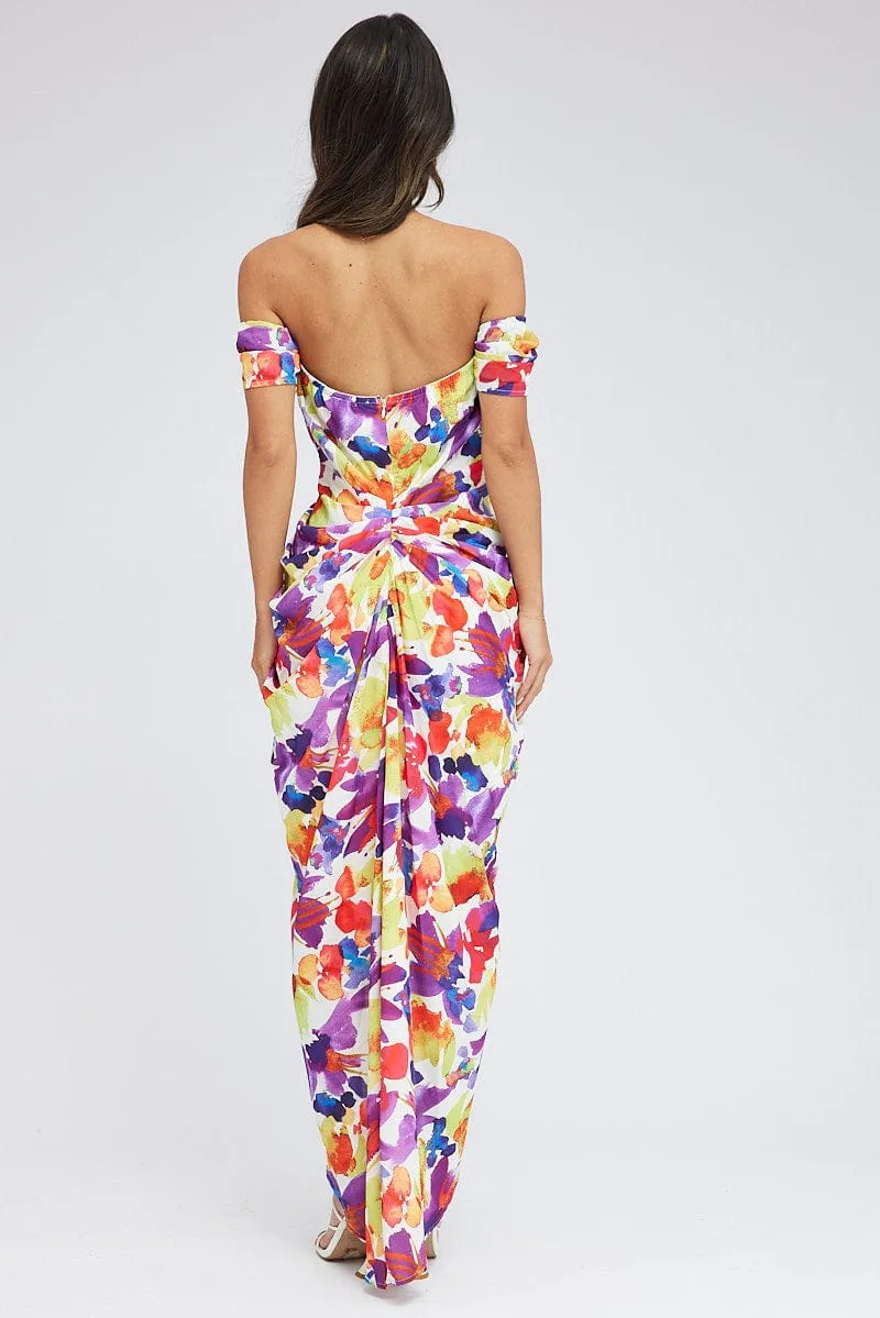 Multi Floral Bardot Dress Draped Midi Watercolour Print sold by Ally Fashion product image thumbnail 4