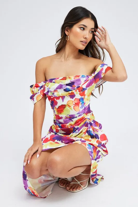 Multi Floral Bardot Dress Draped Midi Watercolour Print sold by Ally Fashion