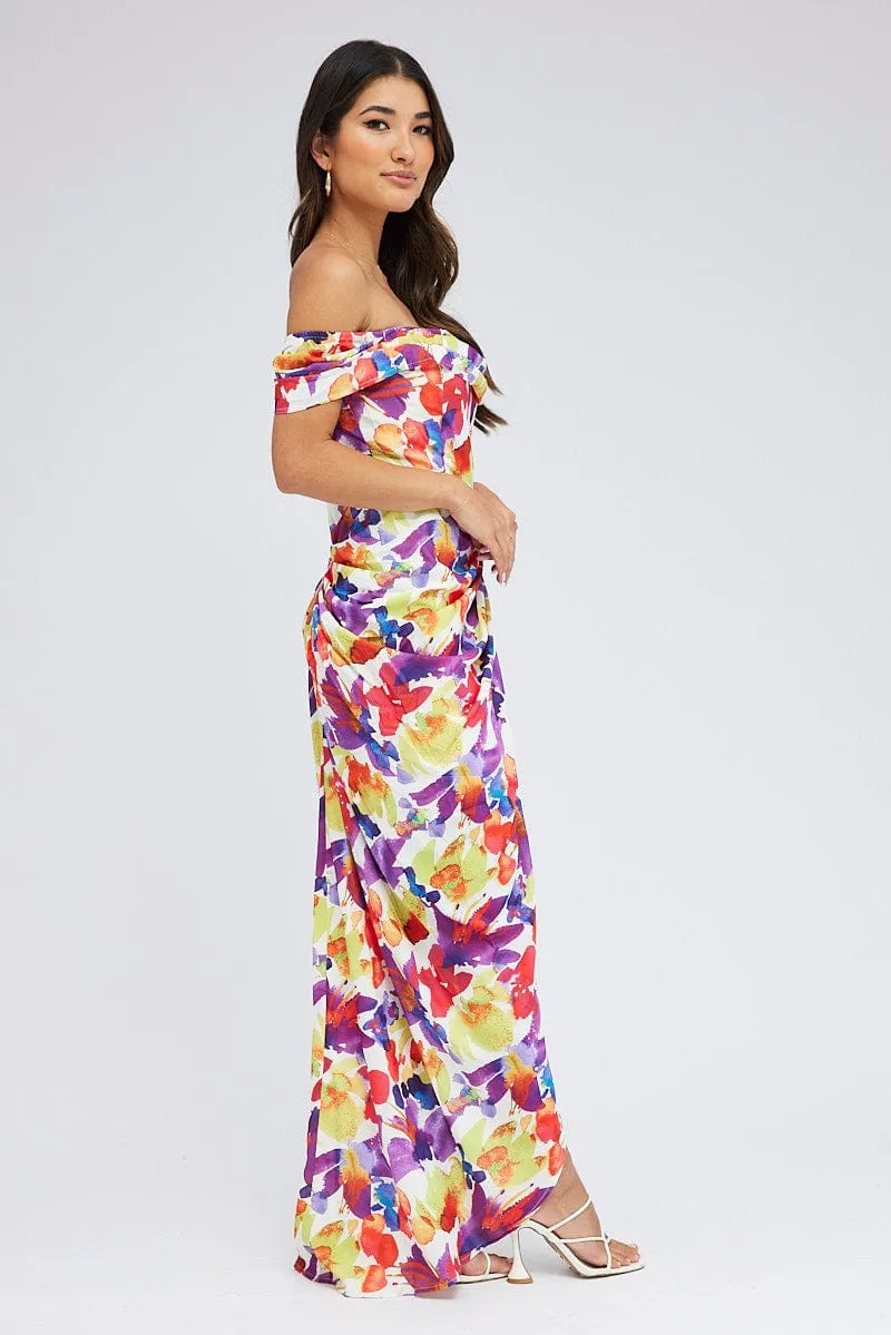 Multi Floral Bardot Dress Draped Midi Watercolour Print sold by Ally Fashion product image thumbnail 5