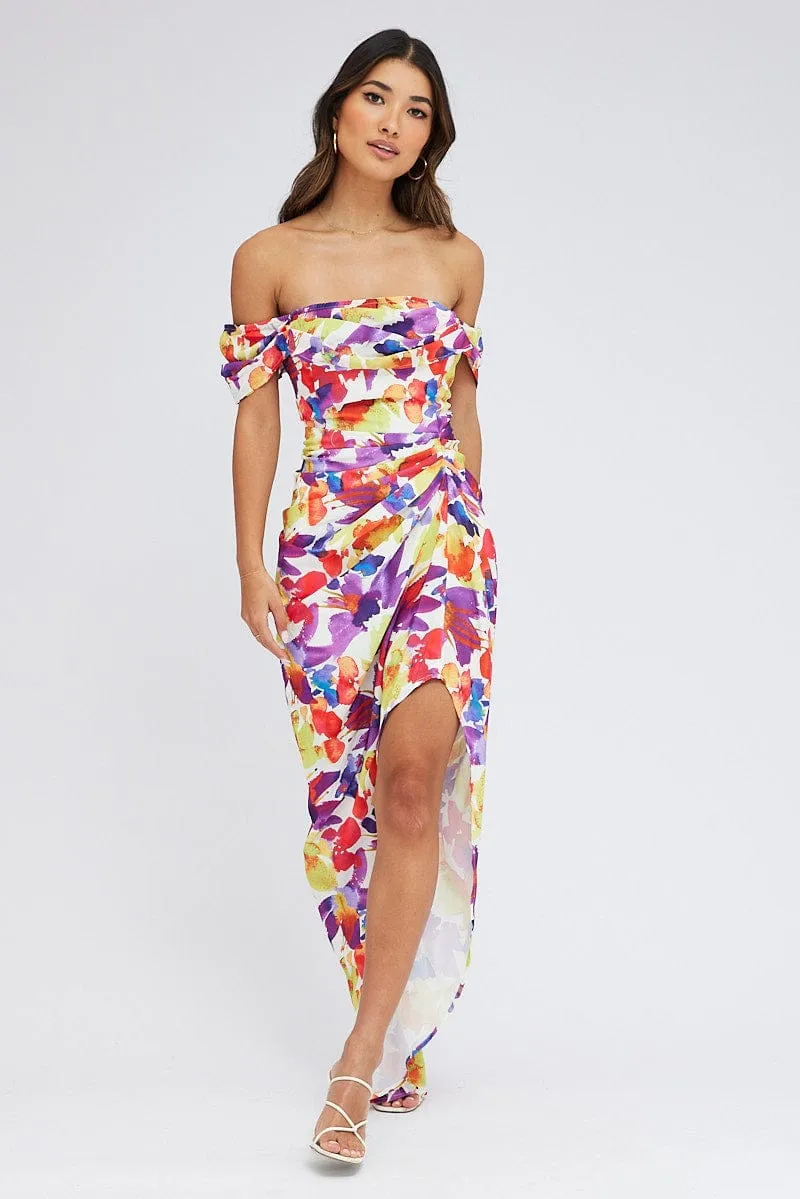 Multi Floral Bardot Dress Draped Midi Watercolour Print sold by Ally Fashion product image thumbnail 2