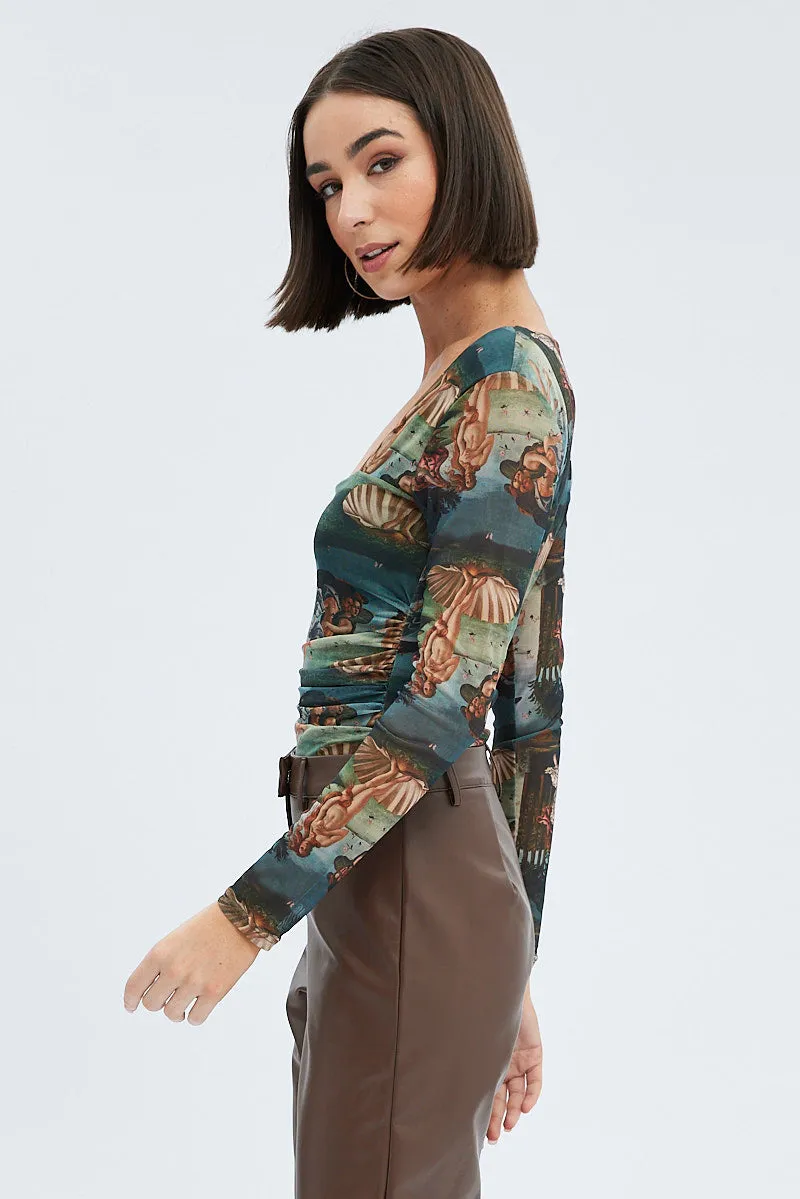 Multi Print Bodysuit Long Sleeve Square Neck Ruched Waist Mesh sold by Ally Fashion product image thumbnail 4