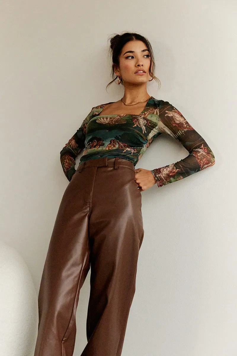 Multi Print Bodysuit Long Sleeve Square Neck Ruched Waist Mesh sold by Ally Fashion