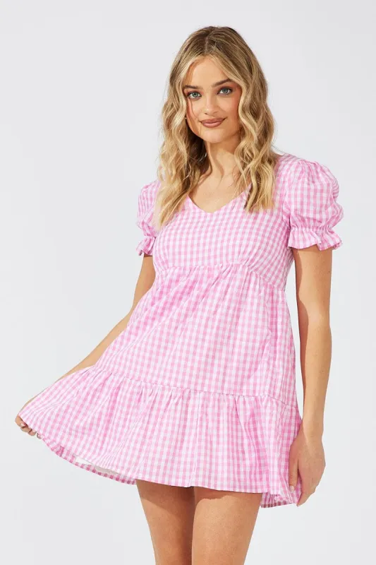 Pink Check Smock Dress Short Sleeve Tiered sold by Ally Fashion