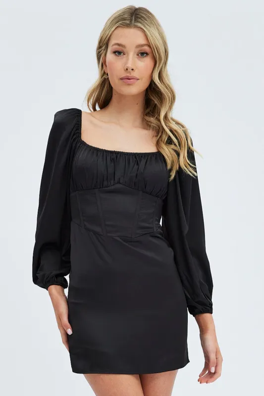 Black Mini Dress Corset Detail Long Sleeve sold by Ally Fashion