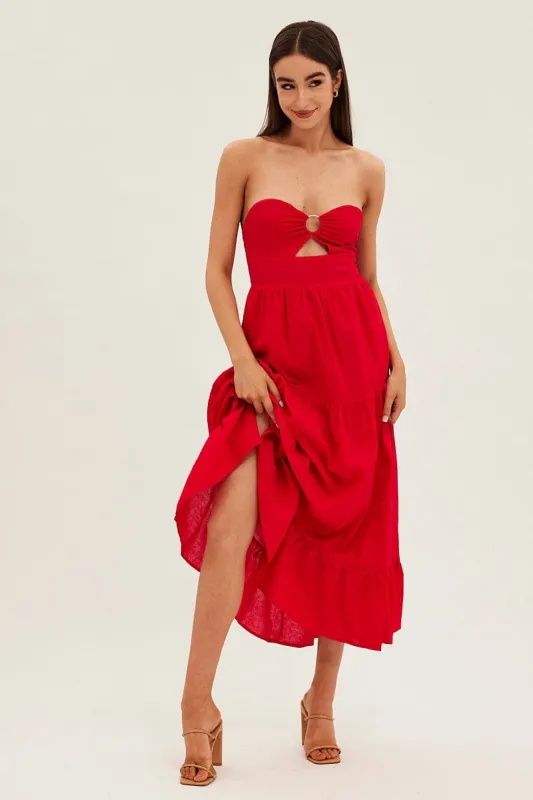 Red Maxi Dress Sleeveless Bandeau Ring Detail sold by Ally Fashion