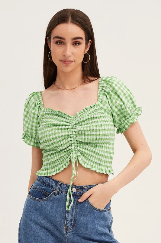 Check Crop Top Short Sleeve Ruched Front sold by Ally Fashion