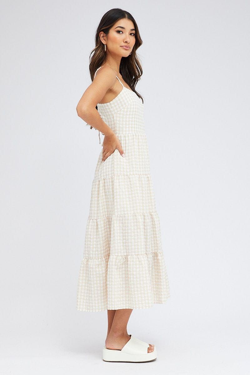 Beige Check Midi Dress Sleeveless Tie Back sold by Ally Fashion product image thumbnail 4