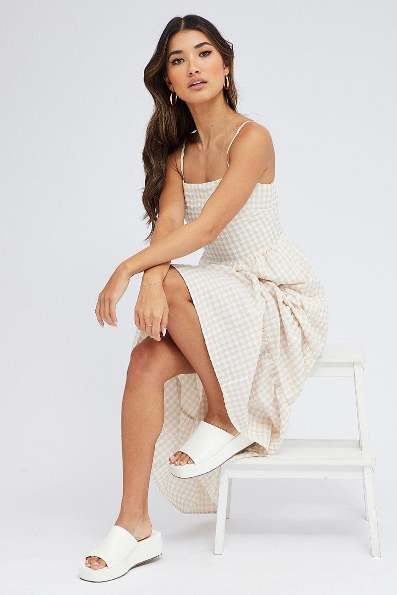 Beige Check Midi Dress Sleeveless Tie Back sold by Ally Fashion