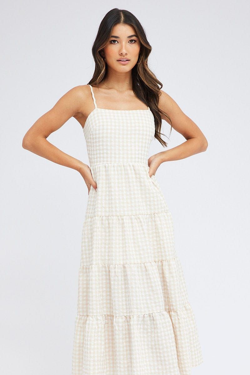 Beige Check Midi Dress Sleeveless Tie Back sold by Ally Fashion product image thumbnail 2
