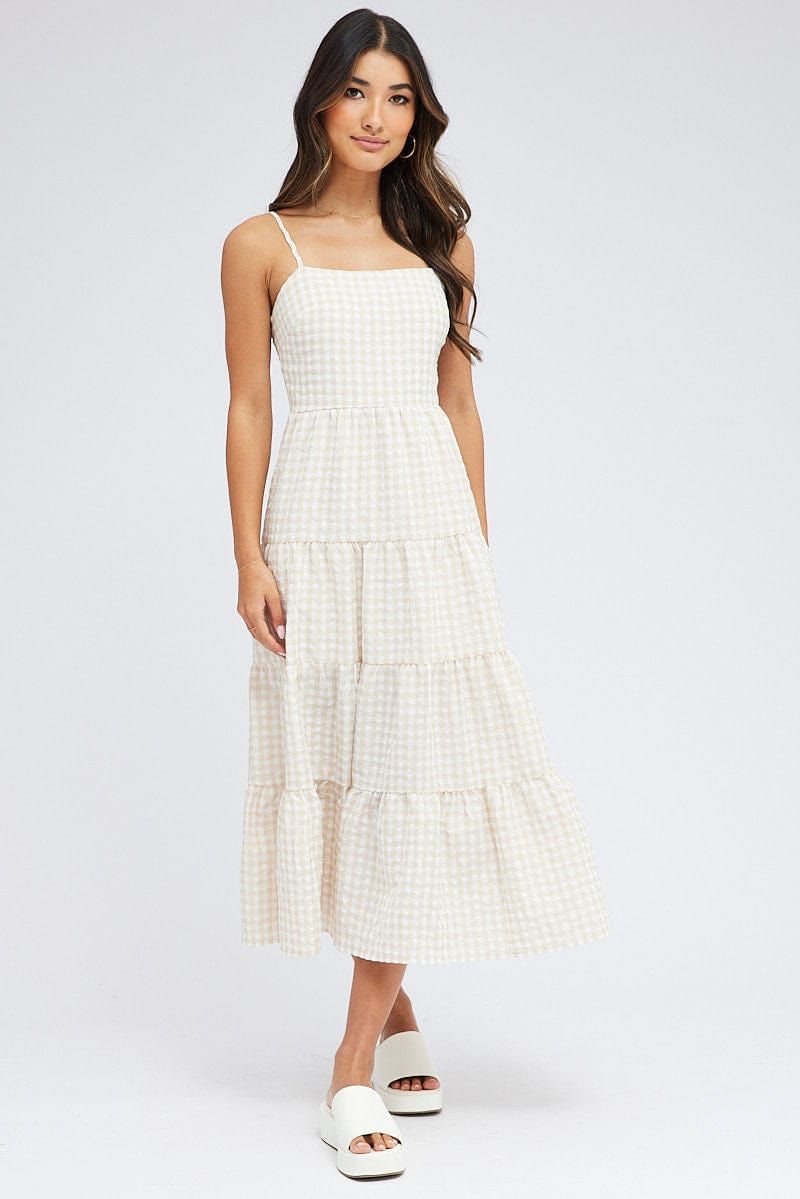 Beige Check Midi Dress Sleeveless Tie Back sold by Ally Fashion product image thumbnail 3