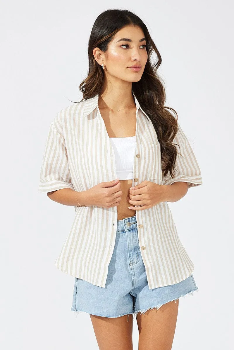 Beige Stripe Shirt Short Sleeve Collared Neck sold by Ally Fashion product image thumbnail 3