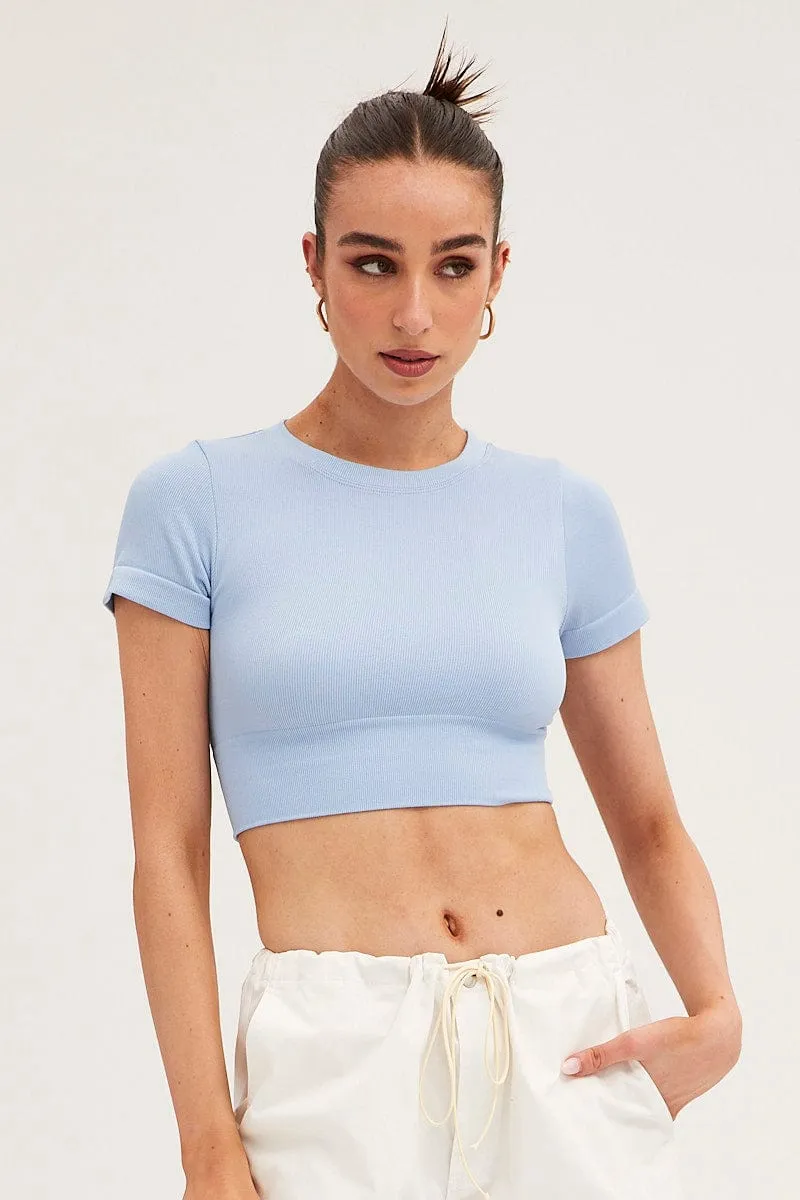 Blue T-Shirt Short Sleeve Crew Neck Seamless sold by Ally Fashion product image thumbnail 3