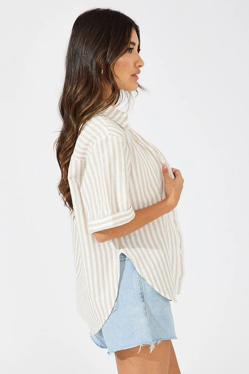 Beige Stripe Shirt Short Sleeve Collared Neck sold by Ally Fashion product image thumbnail 4