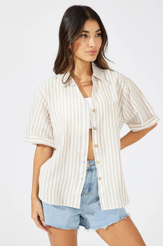 Beige Stripe Shirt Short Sleeve Collared Neck sold by Ally Fashion