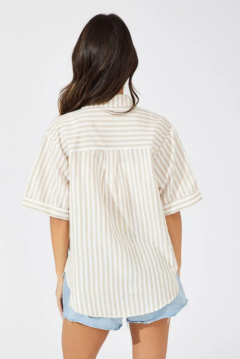 Beige Stripe Shirt Short Sleeve Collared Neck sold by Ally Fashion product image thumbnail 5