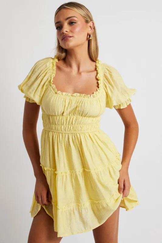 Yellow Fit And Flare Dress Puff Sleeve sold by Ally Fashion