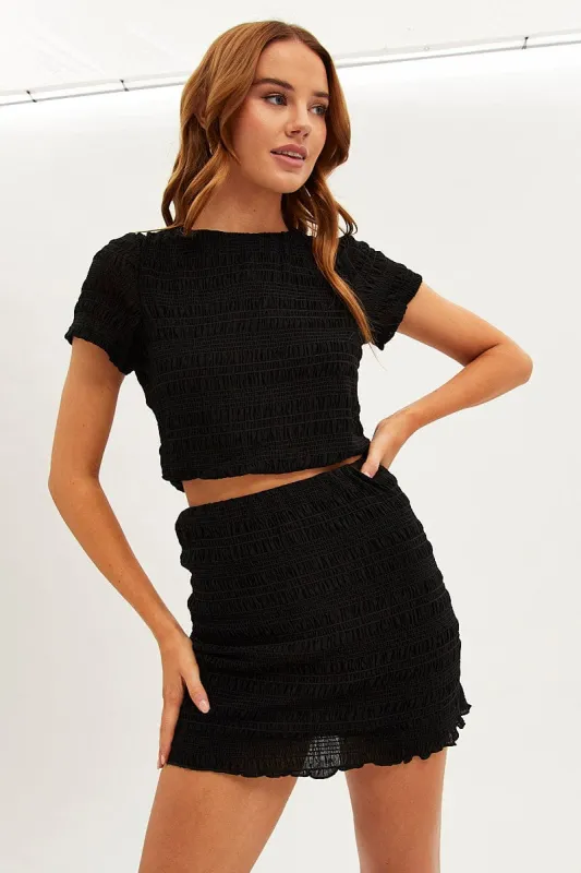 Black Mesh T-Shirt Gathered Texture Detail Short Sleeve sold by Ally Fashion
